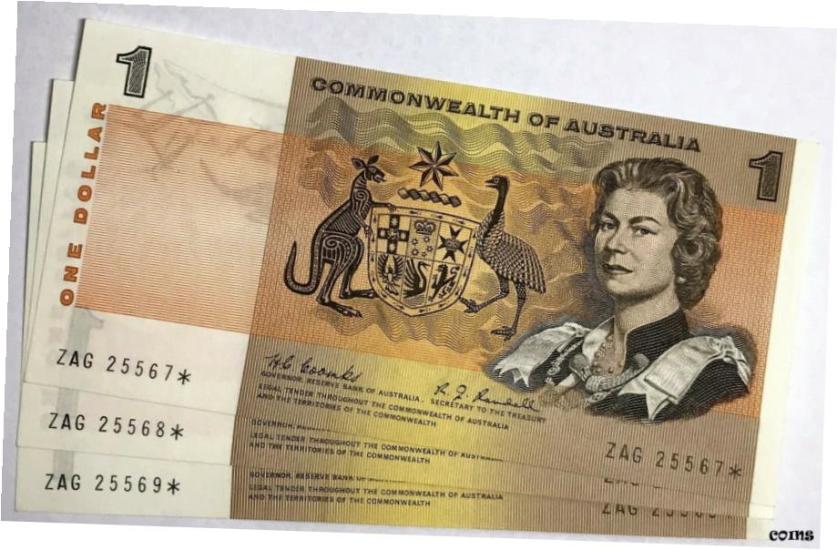 【極美品/品質保証書付】 AUSTRALIA 1968 . ONE DOLLAR BANKNOTE . COLLECTOR'S STARNOTE . CONSECUTIVE TRIO