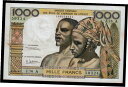 コートジボワール 西アフリカ 1000 フラン 1965 P-103Af * XF + *Ivory Coast West African 1000 Franc...