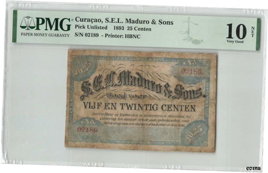 【極美品/品質保証書付】 アンティークコイン 硬貨 Curacao 25 Gulden Cent 1893 マドゥロ オランダ アンティルズ ピック リストなし PMG VG 10- show original title [送料無料] #oof-wr-6857-172