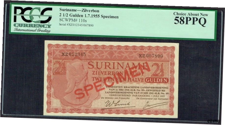 【極美品/品質保証書付】 アンティークコイン コイン 金貨 銀貨 [送料無料] Surinam 2 1/2 Gulden 1955 AU/UNC ジルバーボン標本スリナム PCGS 58PPQ P110- show original title