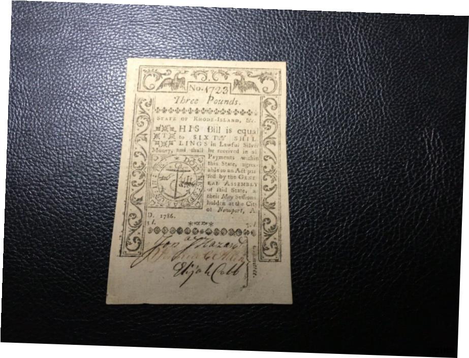 【極美品/品質保証書付】 アンティークコイン コイン 金貨 銀貨 [送料無料] 1786年 ロードアイランド植民地三ポンド紙幣- show original title