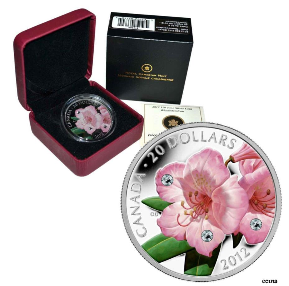  アンティークコイン コイン 金貨 銀貨  CANADA 20 Dollars 2012 Silver 1oz. Proof 'Rhododendron' w/Swarovski Crystals