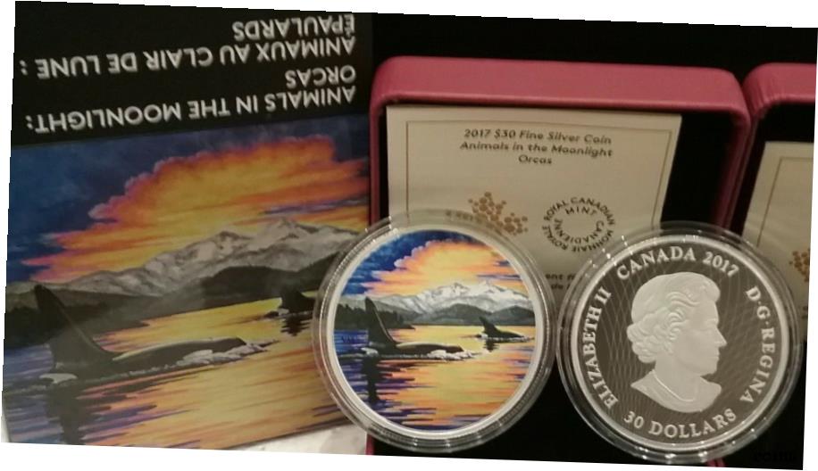 ڶ/ʼݾڽա ƥ    [̵] 2017 Orcas Moonlight Glow-in-Dark 2OZ Pure Silver $30 Canada Coin, Mintage 4000