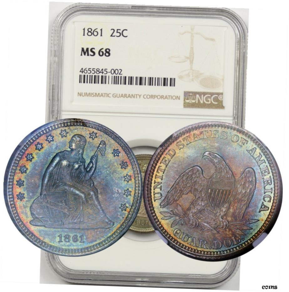 【極美品/品質保証書付】 1861年 25C NGC MS 68 （ レインボーカラートーン ） リバティ座席クォーター南北戦争時代- show original title