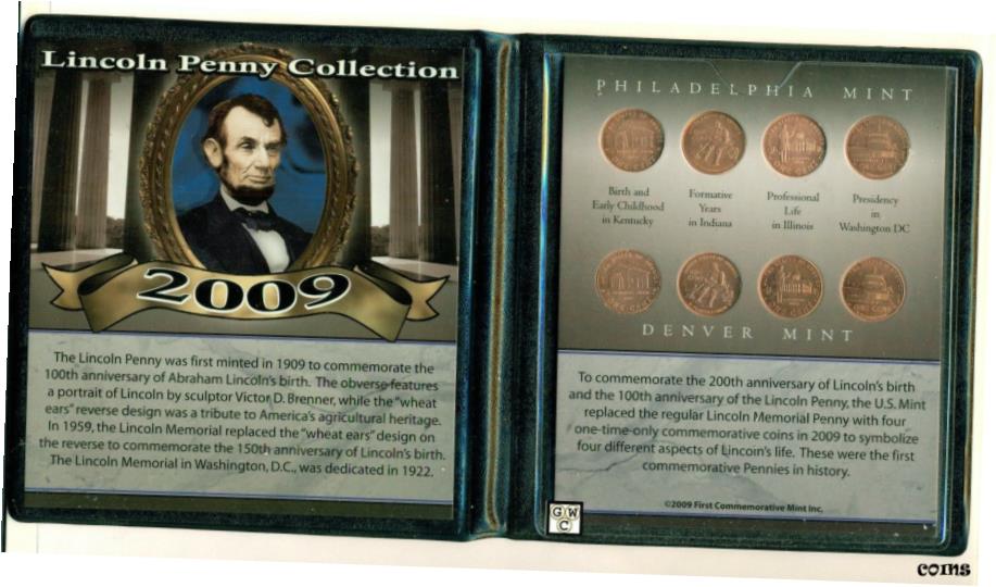 ڶ/ʼݾڽա ƥ    [̵] First Commemorative Mint 2009 Lincoln Penny Collection Set of 8 Coins(OOAK)