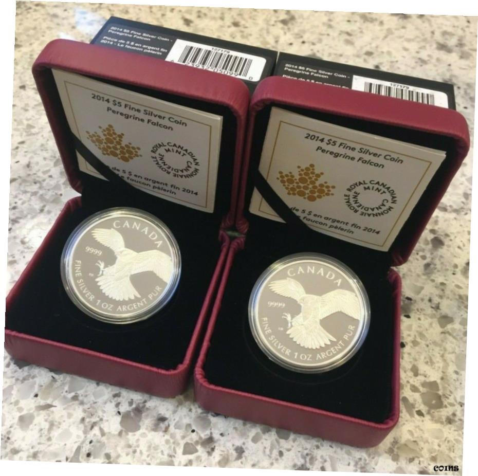 【極美品/品質保証書付】 アンティークコイン コイン 金貨 銀貨 [送料無料] 2 x 2014 Peregrine Falcon Birds of Prey Proof 1oz .9999 silver coins Canada