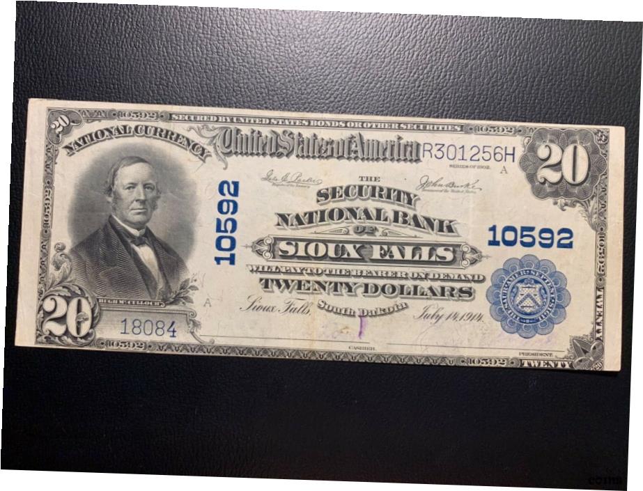 【極美品/品質保証書付】 アンティークコイン コイン 金貨 銀貨 [送料無料] 1902年 $20 20 ドルスーフォールズSD National Bank Note Fancy （ Ch.10592 ） XF EF- show original title