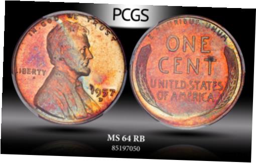  アンティークコイン コイン 金貨 銀貨  1957-D LINCOLN WHEAT CENT GRADED PCGS MS64RB WITH GREAT COLOR STUNNING & TONED