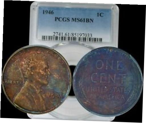 【極美品/品質保証書付】 アンティークコイン コイン 金貨 銀貨 送料無料 1946 Lincoln Wheat Cent PCGS MS61 BN Purple/Light Green Toned Color Penny