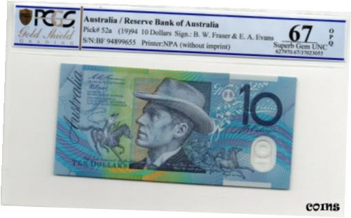  アンティークコイン コイン 金貨 銀貨  1994 Australia $10 Notes Fraser/Evans Blue Dobell UNC 67 OPQ PCGS BF 94899655