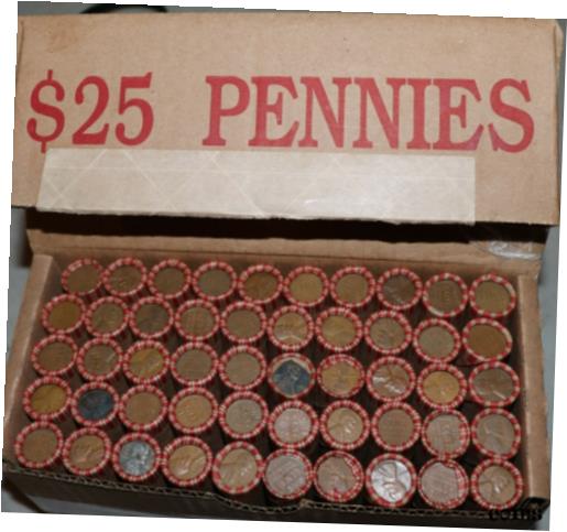  アンティークコイン コイン 金貨 銀貨  2,500 Wheat Cents unsearched in $25 face bank box great mix of dates showing !!