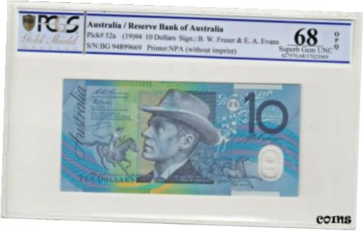  アンティークコイン コイン 金貨 銀貨  1994 Australia $10 Dollar Note Blue Dobell Fraser/Evans - PCGS Superb GEM 68