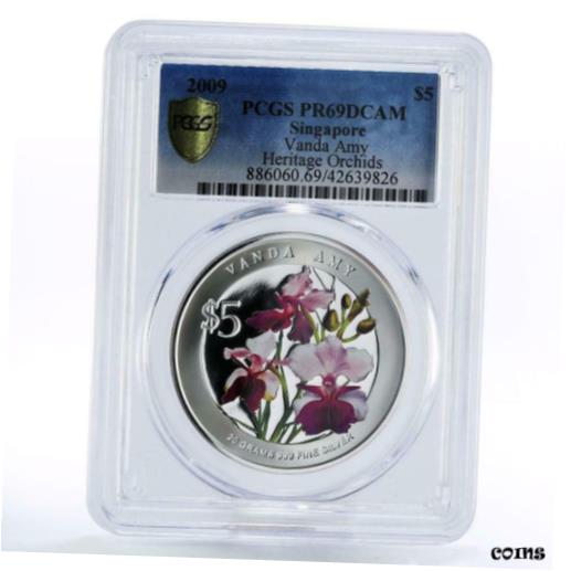 ڶ/ʼݾڽա ƥ    [̵] Singapore 5 dollars Flowers Vanda Amy PR69 PCGS colored proof silver coin 2009