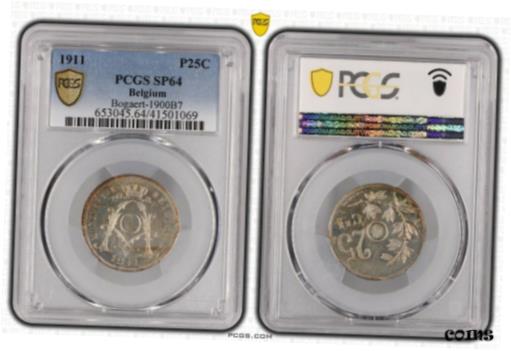 【極美品/品質保証書付】 アンティークコイン コイン 金貨 銀貨 送料無料 1911 Belgium 25 cents PCGS SP64 RARE Specimen silver coin Bogaert
