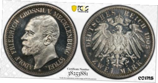  アンティークコイン コイン 金貨 銀貨  Rare! 1905 A Germany Silver 2 Mark Mecklenburg Strelitz PCGS PR64+ Cameo Proof