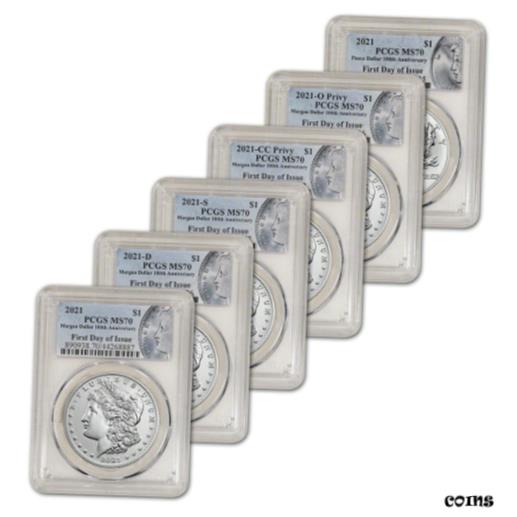 【極美品/品質保証書付】 アンティークコイン コイン 金貨 銀貨 [送料無料] 2021 US Six Coin Morgan and Peace Silver Dollar Set - PCGS MS70 First Day Issue