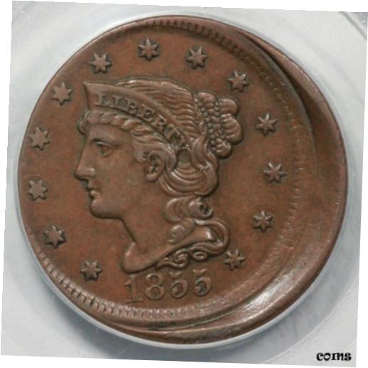 yɔi/iۏ؏tz AeB[NRC d 1855 N-12 PCGS AU 50 10% Off Center Braided Hair Large Cent Coin 1c Ex; Holmes [] #oct-wr-8392-356