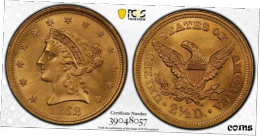 【極美品/品質保証書付】 アンティークコイン 金貨 1852 $2.5 LIBERTY QUARTER GOLD EAGLE DOLLAR PCGS SHIELD MS65 GEM MS UNC [送料無料] #got-wr-8432-1320