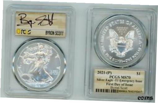 yɔi/iۏ؏tz AeB[NRC RC   [] 2021 P SILVER EAGLE $1 EMERGENCY BYRON SCOTT PCGS MS70 FDOI SIGNED BLACK