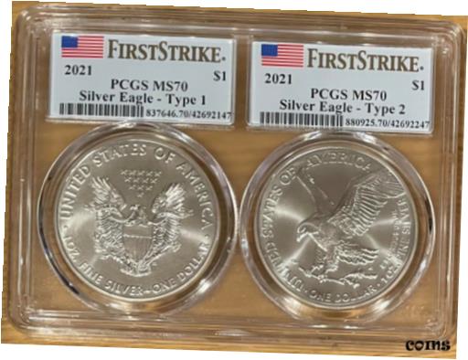  アンティークコイン コイン 金貨 銀貨  2021 $1 Silver Eagle 2-coin Set PCGS FIRST STRIKE MS70 Dual Encapsulation!!