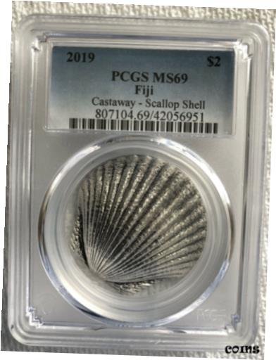  アンティークコイン コイン 金貨 銀貨  Castaway Seashells: 2019 1oz Pure Silver SCALLOP Coin - $2 Fiji Coin PCGS MS69