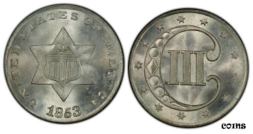 【極美品/品質保証書付】 アンティークコイン 銀貨 1853 3 Cent Silver PCGS MS67+ Top Pop Brilliant White Registry Gem! [送料無料] #sot-wr-8721-3200