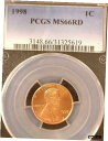 【極美品/品質保証書付】 アンティークコイン コイン 金貨 銀貨 送料無料 1998 Lincoln Cent PCGS Graded MS66 RED Pretty Coin See Description
