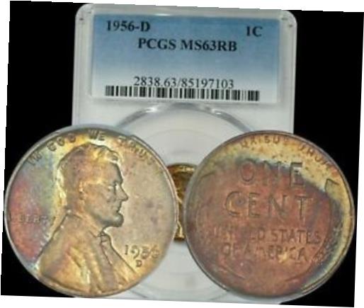 【極美品/品質保証書付】 アンティークコイン コイン 金貨 銀貨 [送料無料] 1956-D Lincoln Wheat Penny PCGS MS63RB Turquoise/Orange/Yellow Toned Coin