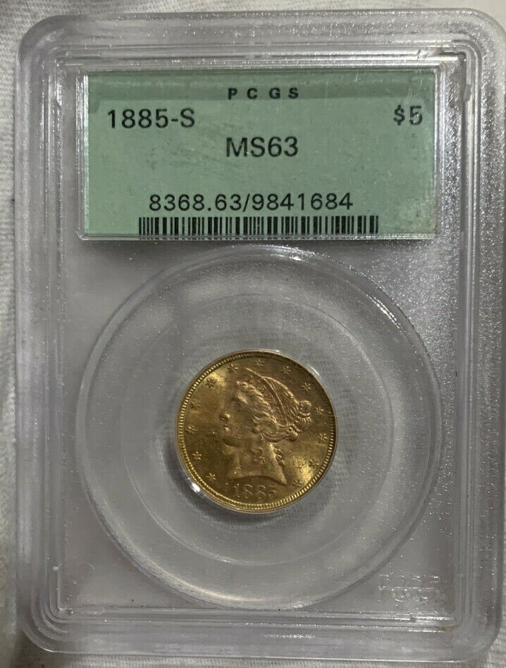 【極美品/品質保証書付】 アンティークコイン Rare 1885-S OGH PCGS MS63 $5 Gold Liberty Eagle Bu Unc Silver Shield Lining [送料無料] #cot-wr-8790-1531