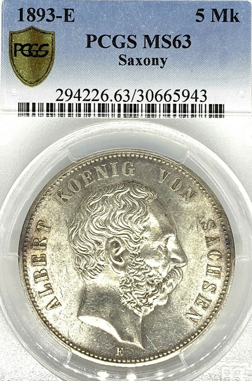 【極美品/品質保証書付】 アンティークコイン 硬貨 German States Saxony 1893-E 5 Mark Coin Thaler Taler PCGS MS 63 VZ/STG UNC RARE [送料無料] #oct-wr-8790-2394