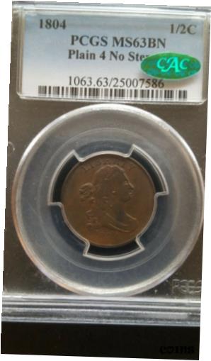 【極美品/品質保証書付】 アンティークコイン 硬貨 1804 C13 R1 Draped Bust Half Cent * Plain 4 No Stems * PCGS MS63BN * CAC * [送料無料] #oot-wr-8810-2830