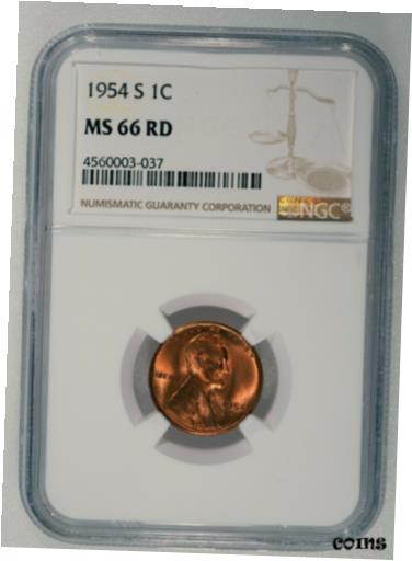 yɔi/iۏ؏tz AeB[NRC RC   [] 1954 S Lincoln Wheat Cent MS 66 RD NGC Certified Red 1C Mint State Coin