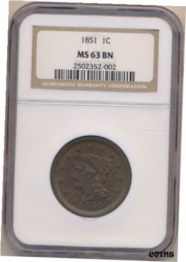 【極美品/品質保証書付】 アンティークコイン コイン 金貨 銀貨 送料無料 1851 Braided Hair Large Cent, NGC MS63 Brown