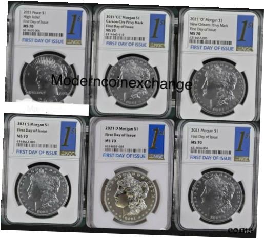 【極美品/品質保証書付】 アンティークコイン 硬貨 2021 Morgan and Peace Dollar 100th Anniv 6 Coin Set NGC MS70 First Day of Issue [送料無料] #oct-wr-8953-103