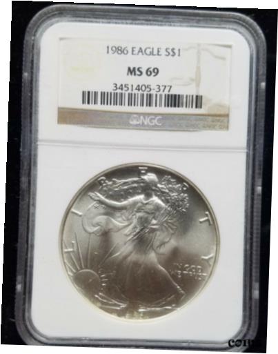 【極美品/品質保証書付】 アンティークコイン コイン 金貨 銀貨 送料無料 1986 American Silver Eagle - Graded NGC Bright White MS-69 (tiny spots by date)