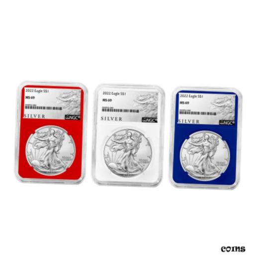 楽天金銀プラチナ　ワールドリソース【極美品/品質保証書付】 アンティークコイン コイン 金貨 銀貨 [送料無料] Presale - 2022 $1 American Silver Eagle 3pc Set NGC MS69 ALS Label Red White Blu