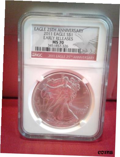 2011 NGC 25th Anniversary American Silver Eagle MS70 NGC Collectors Society Coin※関税は当ショップ負担（お客様負担無し）※全国送料無料・海外輸送無料※商品の状態は画像をご確認下さい（極美品・目立った汚れ無し）※輸入品の為英語表記となります※その他ご不明点はお気軽にお問合せ下さい！Seller Notes: “Perfect Graded MS70 NGC Collectors Society Registered Coin”Modified Item: NoCountry/Region of Manufacture: United StatesCertification Number: 3451857-326Fineness: 0.999Coin: American EagleCertification: NGCPrecious Metal Content per Unit: 1 ozStrike Type: BurnishedGrade: MS 70Mint Location: No mint MarkDesignation: Early ReleaseYear: 2011Label Type: 25th AnniversaryDenomination: $1Brand/Mint: United StatesComposition: SilverTotal Precious Metal Content: 1ozBrand: Us Mint[ご購入前に必ずお読み下さい]親切丁寧に、商品到着までサポート対応させていただきます。■パソコンの画像・画質により色や素材感が、実際の商品と多少異なる場合がございますので予めご了承くださいませ。■お客様のご都合（程度の解釈相違を含む）による商品のご購入後のキャンセル返品は、原則としてお受け致しておりません。未払いのまま2日以上連絡が取れない場合はキャンセルさせて頂きます。その場合、事務局側が自動的に「非常に悪い」の評価を付けてしまいますのでご注意ください。※お支払い頂いた場合は連絡は不要です。※他ショップでも販売しておりますので、稀に在庫がない場合がございます。■不具合での返品は箱などすべてが到着時の状態になるものに限らせていただきます。※当店では不良品はすべて現物確認と不具合の確認を行い対応をさせて頂いております。■お客様のご都合によるご注文確定後の商品のキャンセルにつきましては承っておりません。また、ご入金確認後、またはご決済完了確認後のキャンセルにつきましては、ご注文総額の30％のキャンセル料をご請求させていただきます。■領収書二重発行やトラブル防止のため、領収書発行は行っておりません。事務局側が発行している「支払い明細」が正式な支払い証明となります。支払い明細画面を印刷したものが領収書の代わりになることを各税務署に確認済みです。■年末年始・連休の発送は、業者も休みになる関係でいつもより遅れます。■輸送時の破損の場合は配送業者への報告を行って下さい。報告なしでの対応はできません。■日祝日は定休日とさせていただいております。連絡・発送が出来ませんのであらかじめご了承お願いいたします。■内容は必ずお読みになってからお買い求め下さいますようお願い致します。※在庫状況は常に更新をしておりますが、当社は複数店舗で在庫を共有しているため、ご注文を頂きましても稀に欠品している場合がございます。その際は誠に申し訳ございませんが、その旨をメールまたはお電話にてご連絡させていただきます。ご理解いただけますようお願い申し上げます。親切・丁寧にお取引させていただきますのでよろしくお願いします。 品質保証について 当店の商品の、品質保証についてご紹介いたします。 ▽品質保証書 お買い上げいただく全ての商品に「WORLD RESOURCE品質保証書」をおつけいたします。 これは、WORLD RESOURCEが販売した商品であることを保証するものです。大切に保管してください。 ▽標準保証に関して 当店でご購入頂きました商品は7日以内の標準保証サービスが付属致します。 ※ご購入日につきましては、製品の品質保証書に記載の日付にて確認させていただきます。 ※保証は通常利用時のみの対応となります。 ※ご購入日の確認を致しかねる場合は有償となります。品質保証書は大切に保管して下さい。POINT01　品揃え一番店を目指して 「期待に答えるお店づくりと、時代に合わせたサービスをご提供致します。」 POINT02　多種多様な商品レパートリー 「幅広く、世界の商品をご用意しております。」 POINT03　きっと見つかる！新しい発見 「テレビや雑誌で紹介されたアイテムもいちはやく。」 モットー：丁寧な接客対応 その道数十年のスタッフだからこそできる、“豊富な知識”に基づく商品のご提案。 お探しの商品はお気軽にスタッフにお尋ねください。 「以前は、商品ページあったけど、、、見つからない。」 「初めてアンティークコインの購入をしますが大丈夫ですか？」 「この年代の商品を探していますが、おすすめはありますか？」 「友人にアンティークコインを送りたいけど、おすすめありますか？」 等など、困ったときの質問にも、しっかり対応・お調べ致します。 取寄せ、取り置き等もできますので、商品一覧で見つからなかった商品でも、 スタッフまでお気軽にご相談下さい。 【お問い合わせはお気軽にどうぞ】 suport@world-resource.net