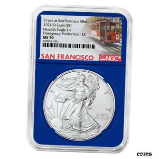 ڶ/ʼݾڽա ƥ    [̵] 2021 (S) $1 American Silver Eagle NGC MS70 Emergency Production ER Trolley Label