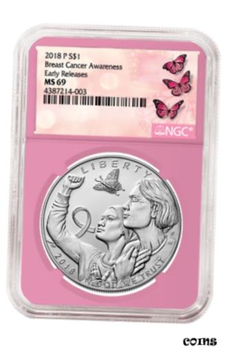 【極美品/品質保証書付】 アンティークコイン コイン 金貨 銀貨 送料無料 2018-P UNC 1 Breast Cancer Awareness Silver Dollar NGC MS69 ER Label Pink Core