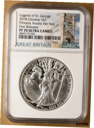 【極美品/品質保証書付】 アンティークコイン コイン 金貨 銀貨 [送料無料] 2018 Gibraltar Silver 5 Pounds Legend of St George 'Princess' NGC PF 70 Ult Cam