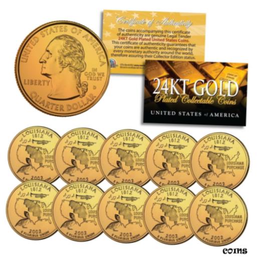  アンティークコイン コイン 金貨 銀貨  2002 Louisiana State Quarters U.S. Mint BU Coins 24K GOLD PLATED (Quantity 10)