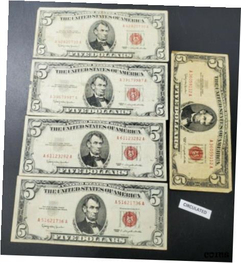 ڶ/ʼݾڽա ƥ    [̵] Lot of 5 AA Serial Letter 1963 $5 Five Dollar United States Red Seal Note VG + 2