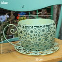 K[fjO yzԃACAv^[^R[q[Jbv^e[uAؔnht_ƃJg[K[fԕr ybluezBlue White Hollow Flowers Iron Planters Metal Coffee Cup Shape Table Plant Pot With Handle Farmhouse Country Garden Decor