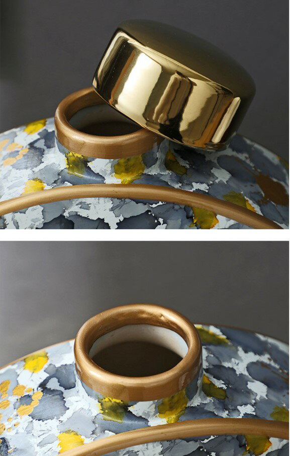 花瓶 おしゃれ 陶器 北欧風 かびん フラワーベース ゴールド ホワイト 模様 柄 蓋付きの花瓶 A Large/大：高さ33.3cm [送料無料 輸入品] 置物 飾り インテリア雑貨