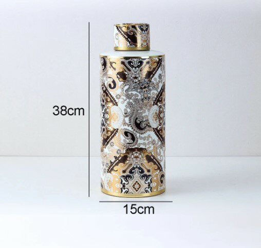 花瓶 おしゃれ 陶器 北欧風かびん フラワーベース ゴールド ホワイト蓋付きの花瓶 Large/大：高さ38cm [送料無料 輸入品] 置物 飾り インテリア雑貨
