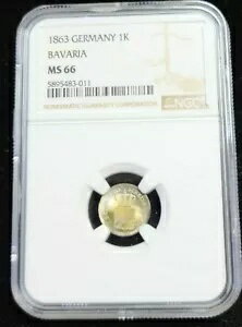 1863 ドイツ シルバー 1 クロイツァー 1K バイエルン NGC MS 66 美しい宝石 BU