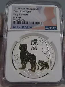 2022-p ギルト オーストラリア シルバー $1 の TIGER NGC MS70 ER 年。 #26