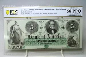 1860年代 $5 バンク・オブ・アメリカ 残金 プロビデンス ロードアイランド PCGS 58PPQ #7215