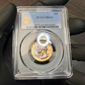 MS66 1962 25C ワシントン シルバー クォーター、PCGS セキュリティ保護 - かなりレインボー トーン