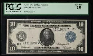 米国 10 ドル 1914 年 サンフランシスコ連邦準備銀行。スラブ PCGS 25 VF。